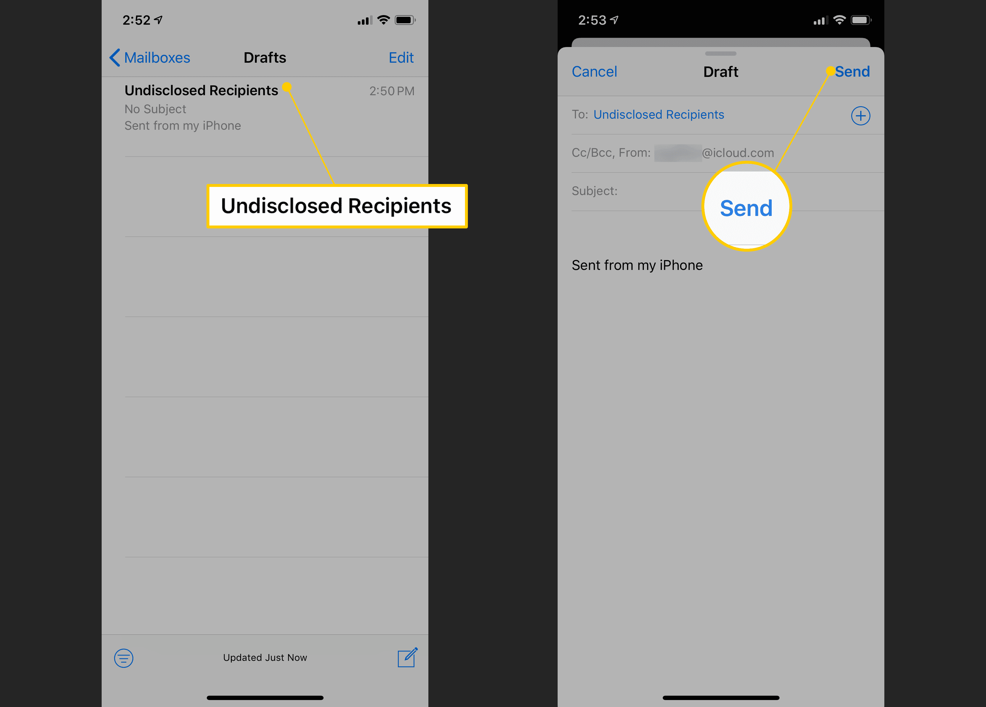 Předmět konceptu e -mailu, tlačítko Odeslat v iOS Mailu