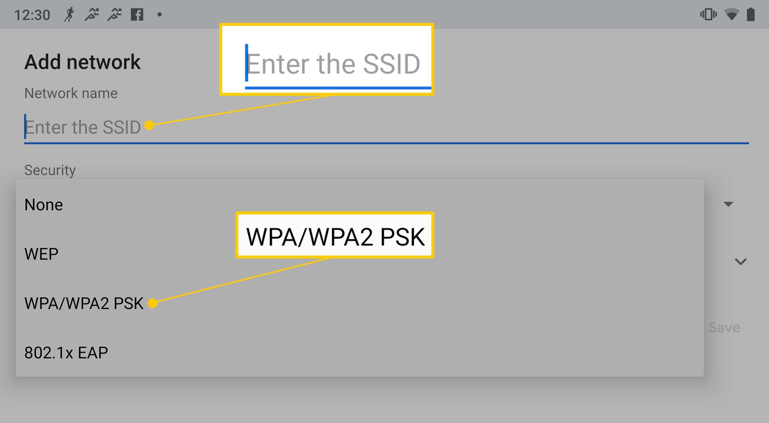 Zadejte pole SSID a možnost zabezpečení WPA/WPA2 PSK pro Wi-Fi v systému Android