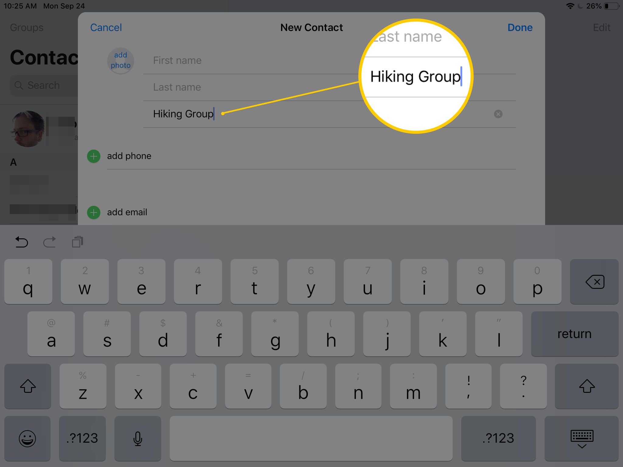 Název nové skupiny kontaktů v aplikaci Kontakty pro iPad