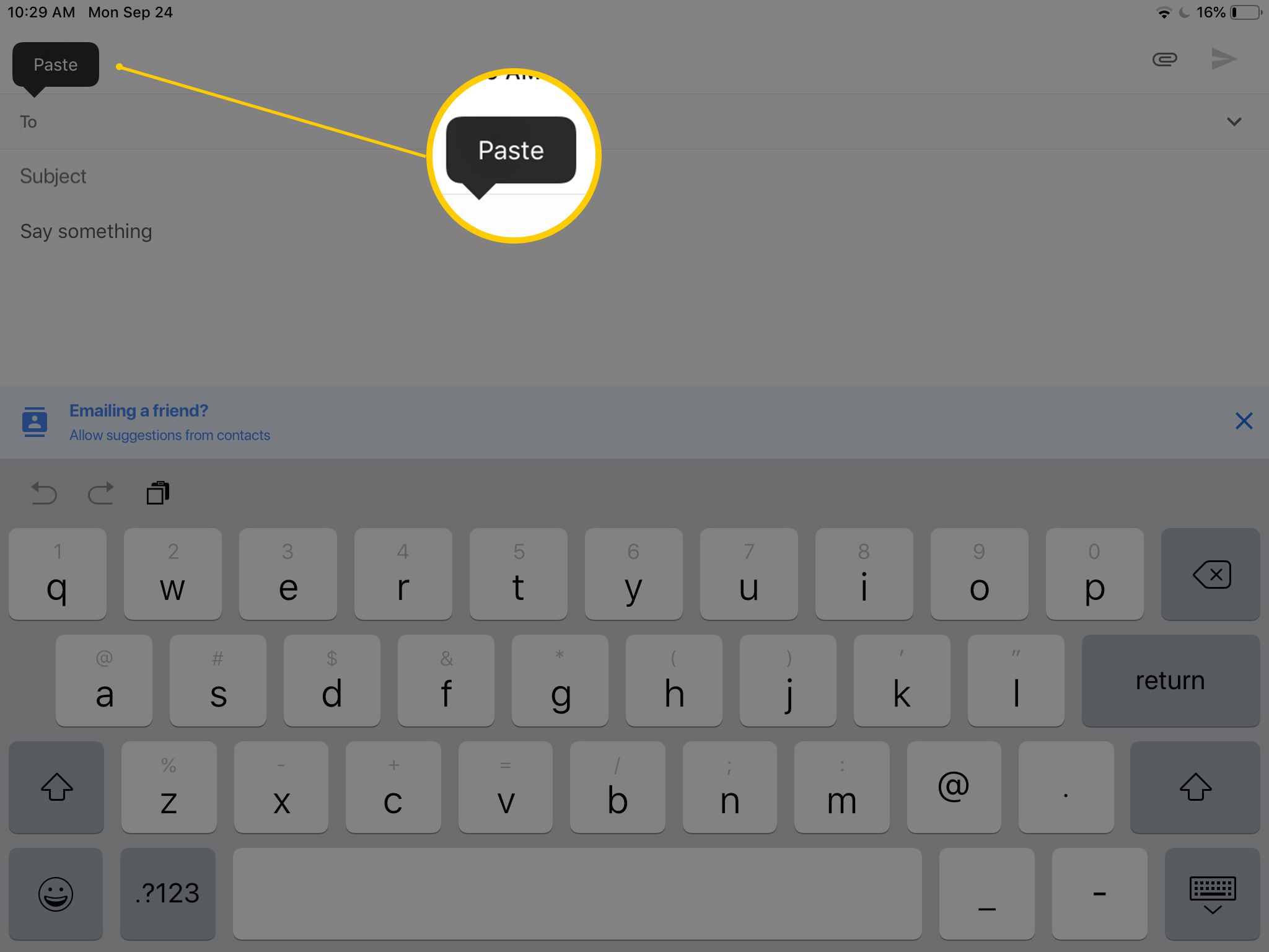 Tlačítko Vložit v aplikaci Gmail Inbox na iPadu