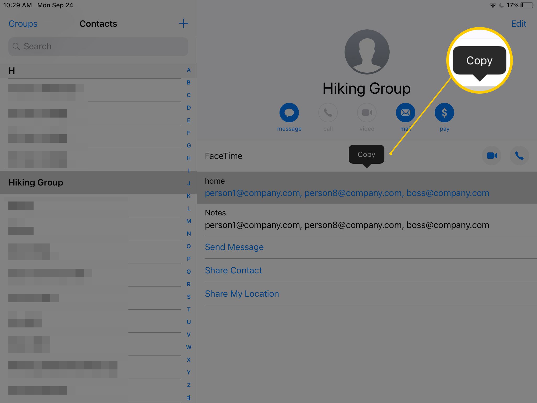 Tlačítko Kopírovat v aplikaci Kontakt zvýrazňující skupinové e -mailové adresy