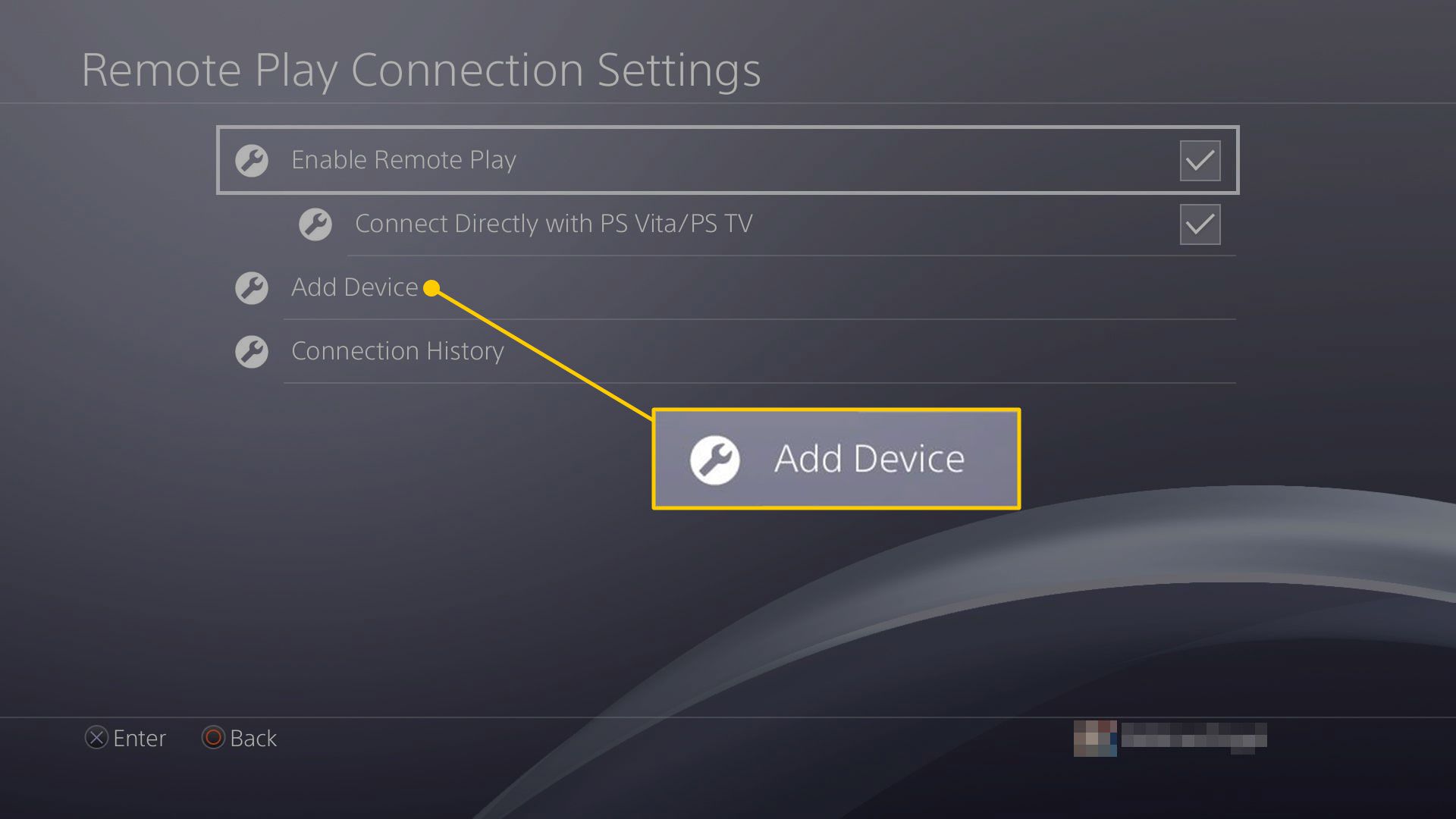 Možnost Přidat zařízení v nastavení připojení PS4 Remote Play