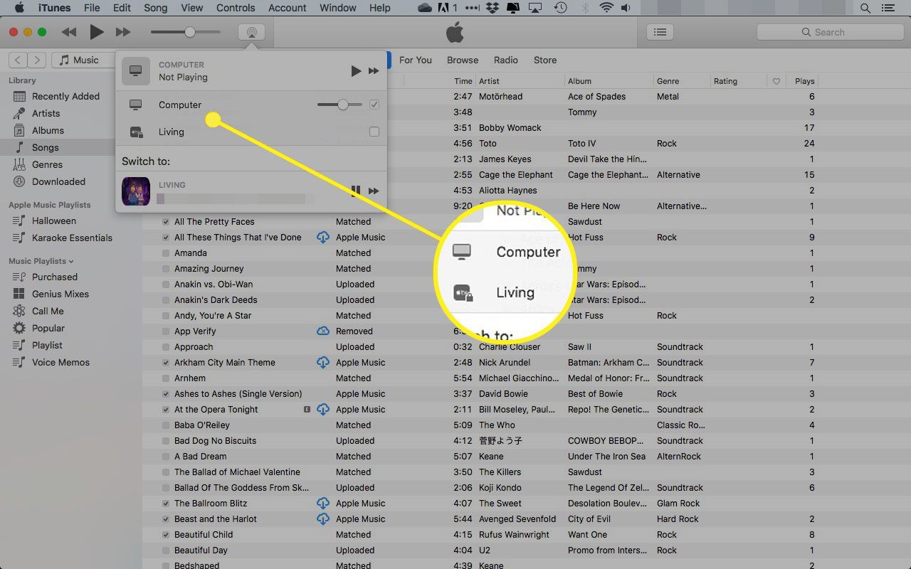 iTunes na Macu se zvýrazněnou nabídkou AirPlay