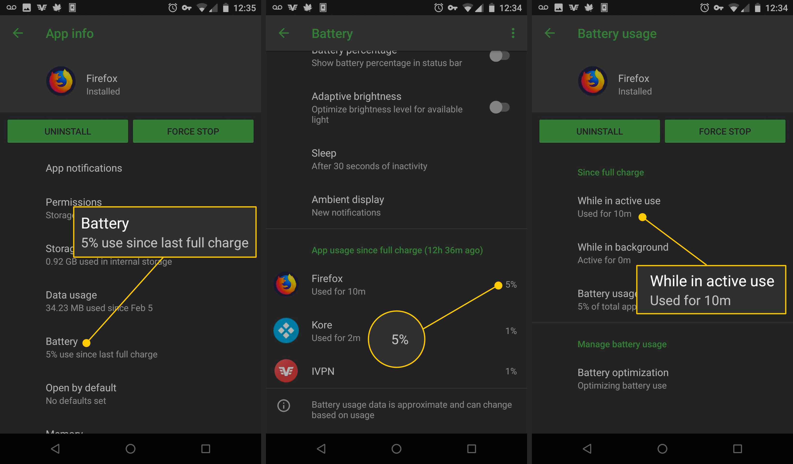 Baterie, využití baterie Firefoxu, při aktivním používání v systému Android