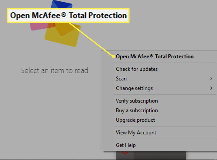Nabídka hlavního panelu McAfee Total Protection v systému Windows 10