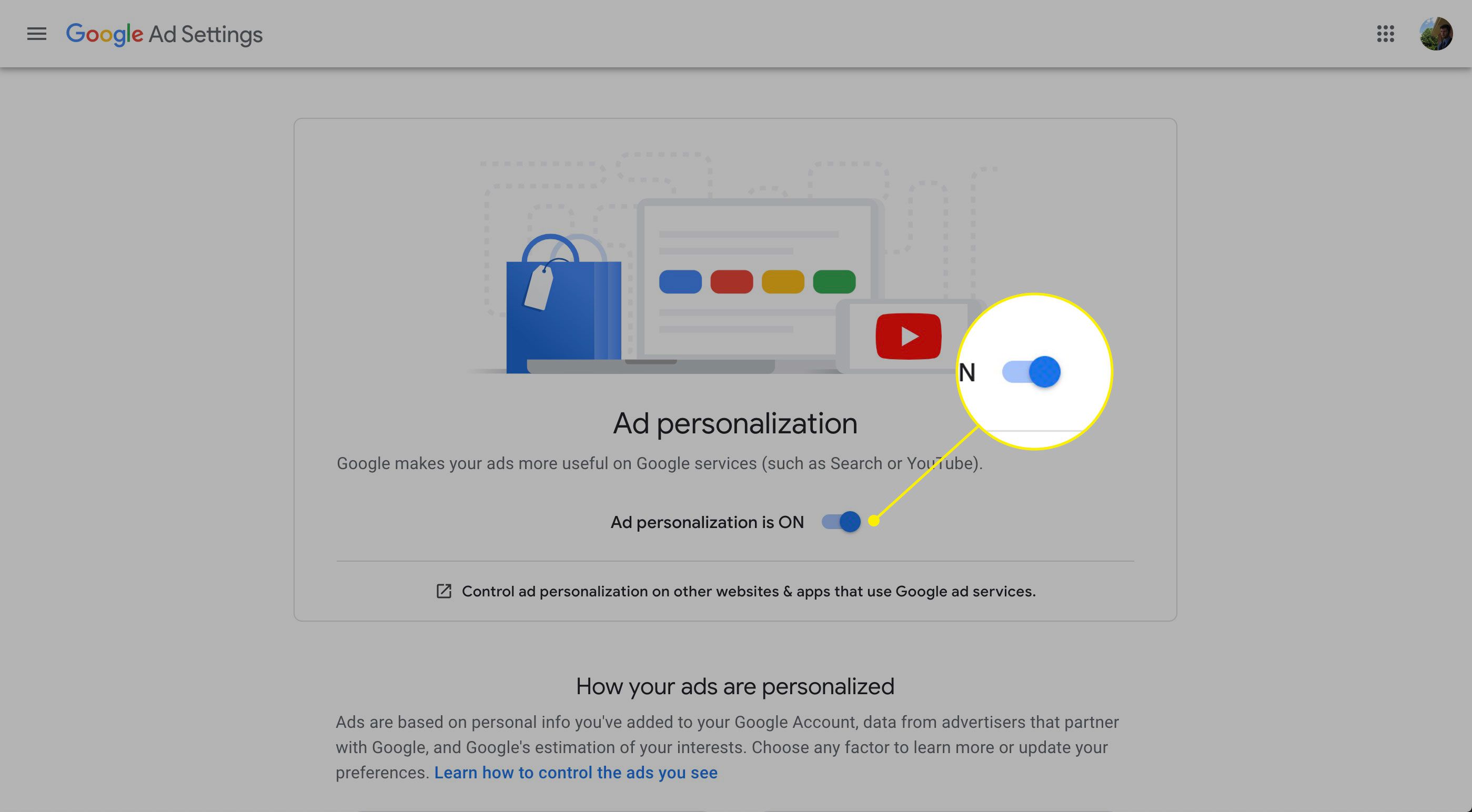Přepínač přizpůsobení reklam v Nastavení reklam Google