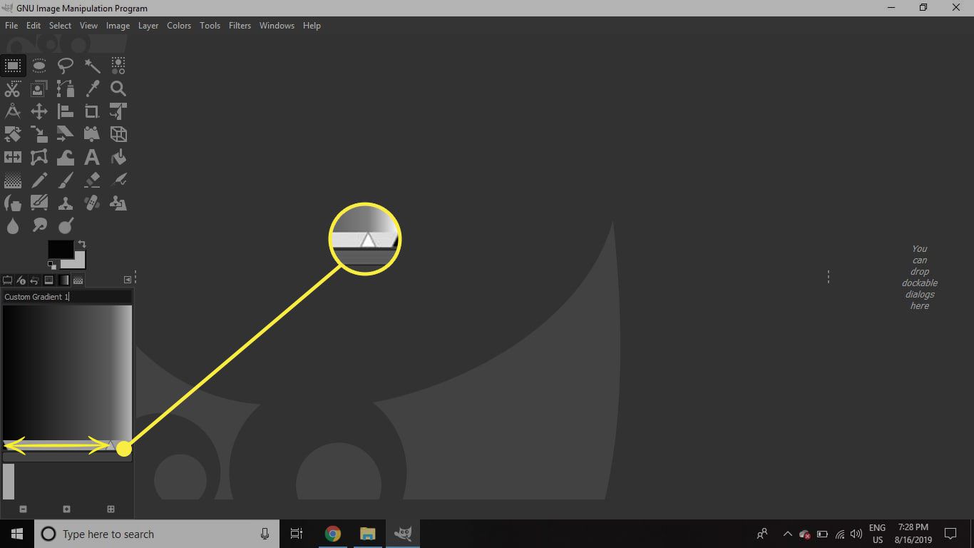 Snímek obrazovky GIMP se zvýrazněným posuvníkem