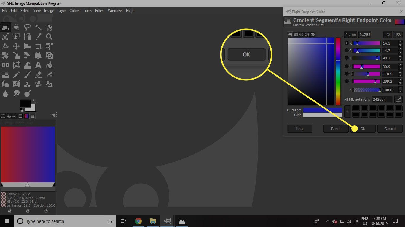 Snímek obrazovky okna Barva pravého koncového bodu v GIMPu se zvýrazněným tlačítkem OK
