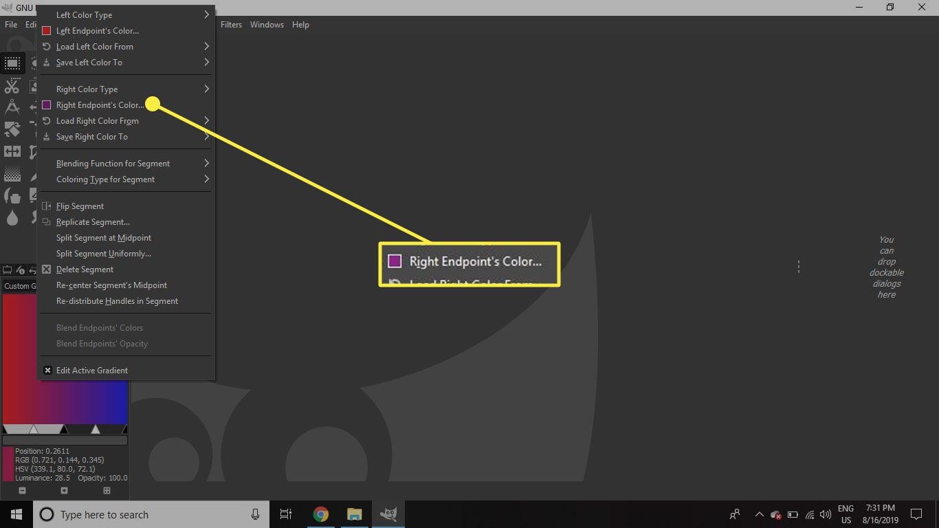 Snímek obrazovky GIMP s příponou "Barva pravého koncového bodu" zvýrazněný příkaz