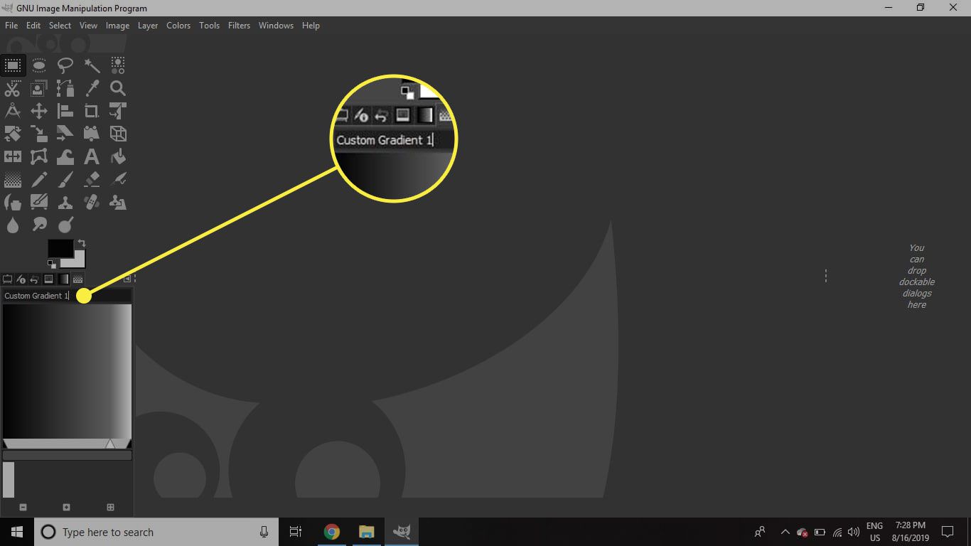 Snímek obrazovky GIMP se zvýrazněným nadpisovým polem