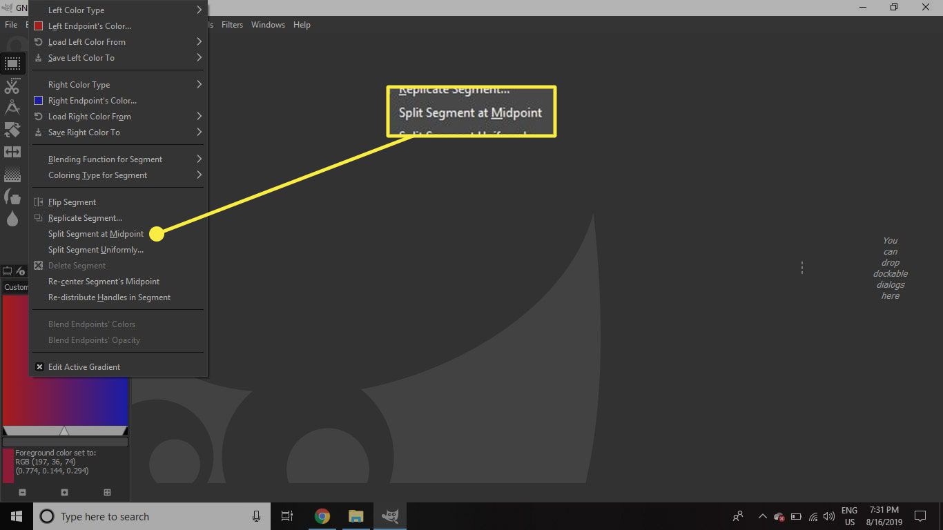 Snímek obrazovky GIMP se zvýrazněným příkazem „Rozdělit segment na střed“