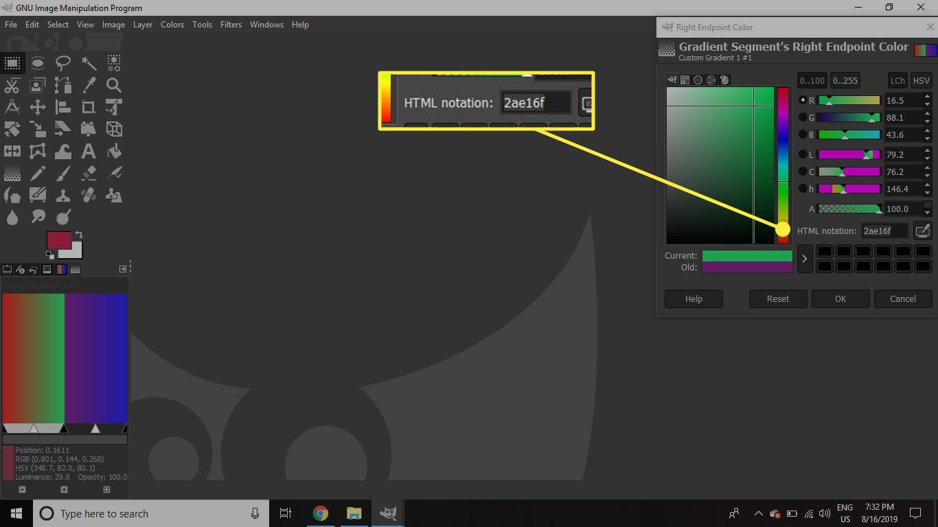 Snímek obrazovky GIMP se zvýrazněnou notací HTML pro barvu
