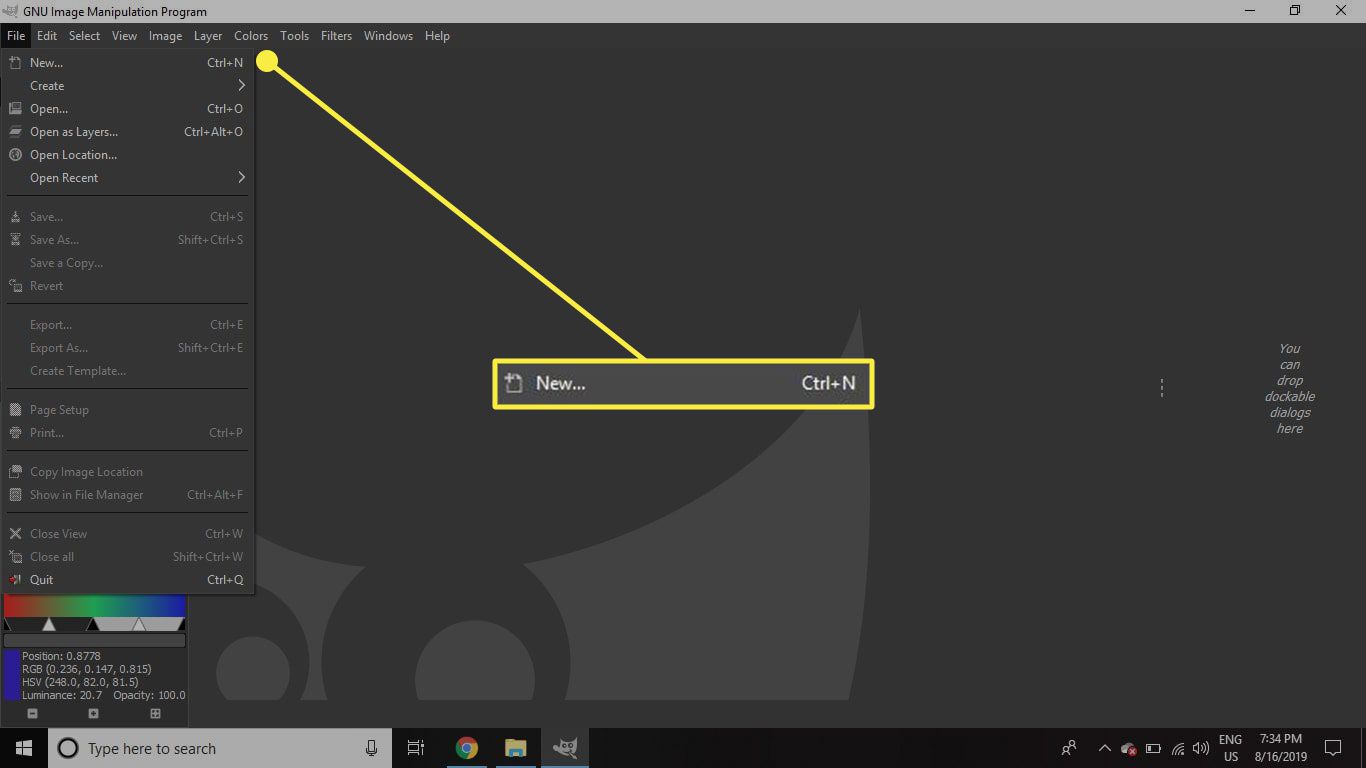 Snímek obrazovky GIMP se zvýrazněným příkazem New