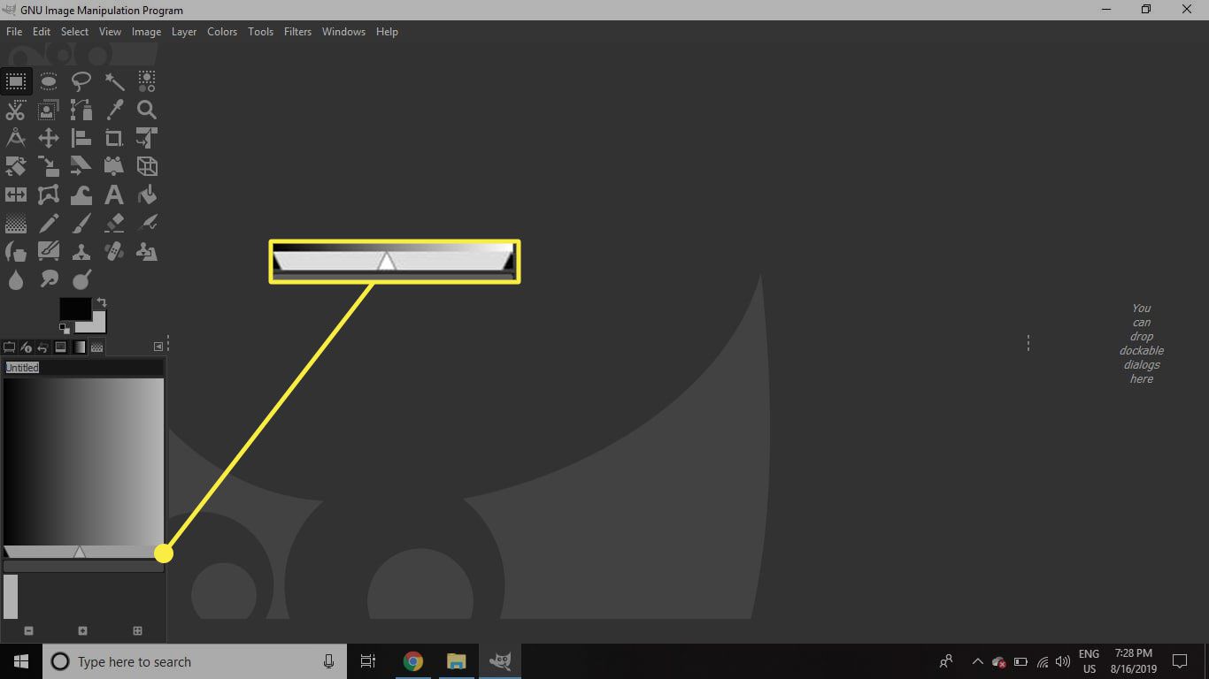 Snímek obrazovky GIMP se zvýrazněnými šipkami polohy přechodu