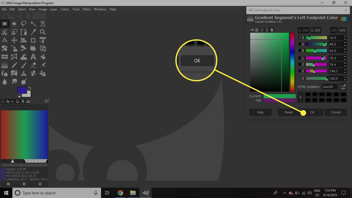 Snímek obrazovky okna GIMP Left Endpoint Color se zvýrazněným tlačítkem OK
