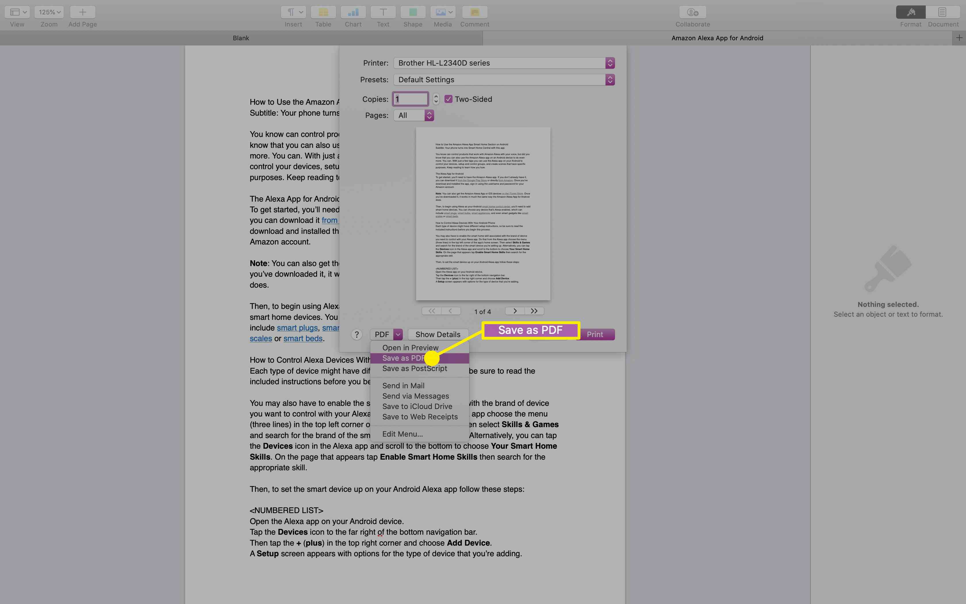 Možnost Uložit jako PDF v Pages na Macu.