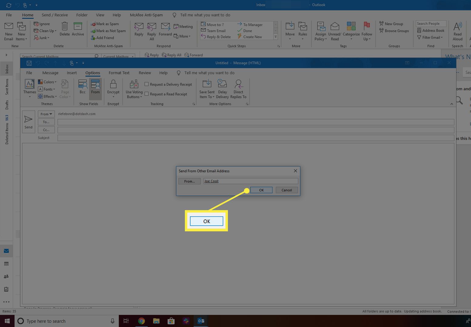 Tlačítko OK v nástroji pro výběr adresy z aplikace Outlook.