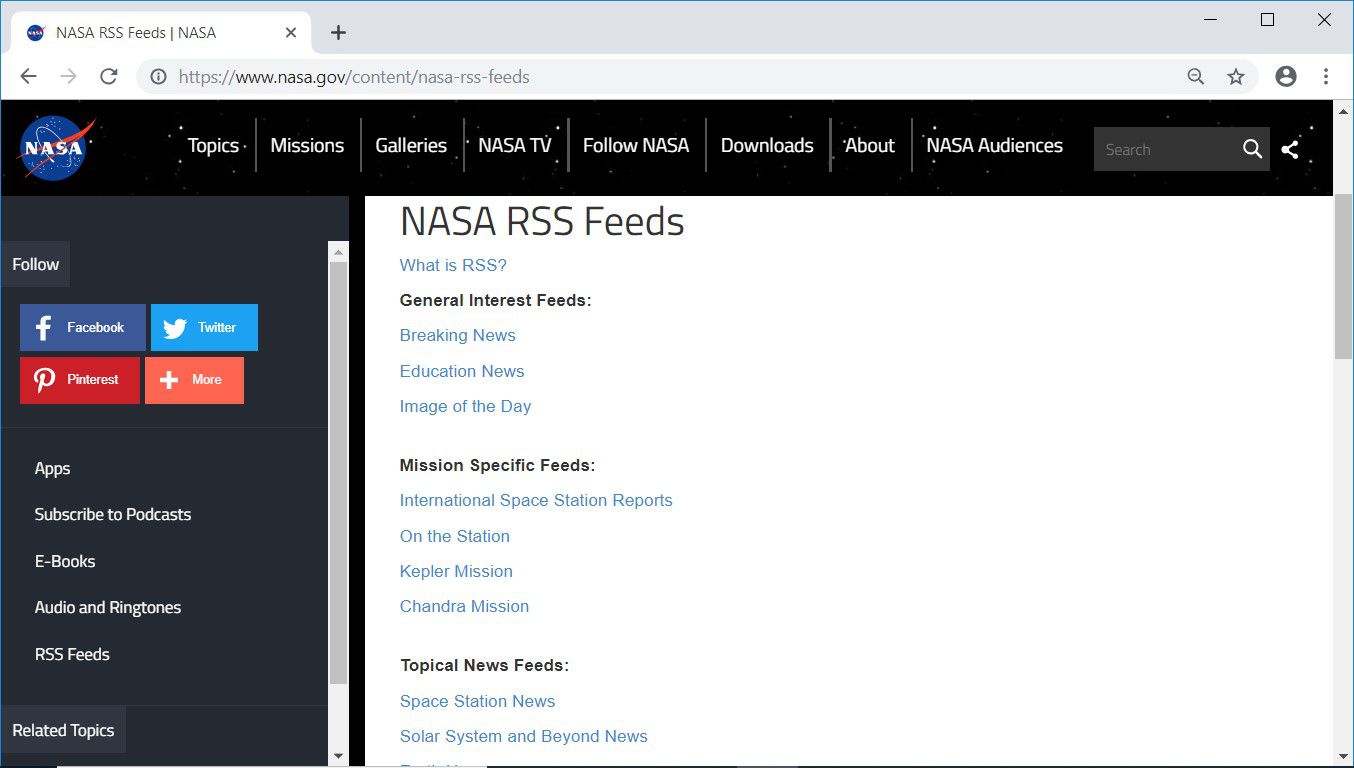 Nasa.gov Webová stránka RSS kanálů se seznamem kanálů RSS na webu