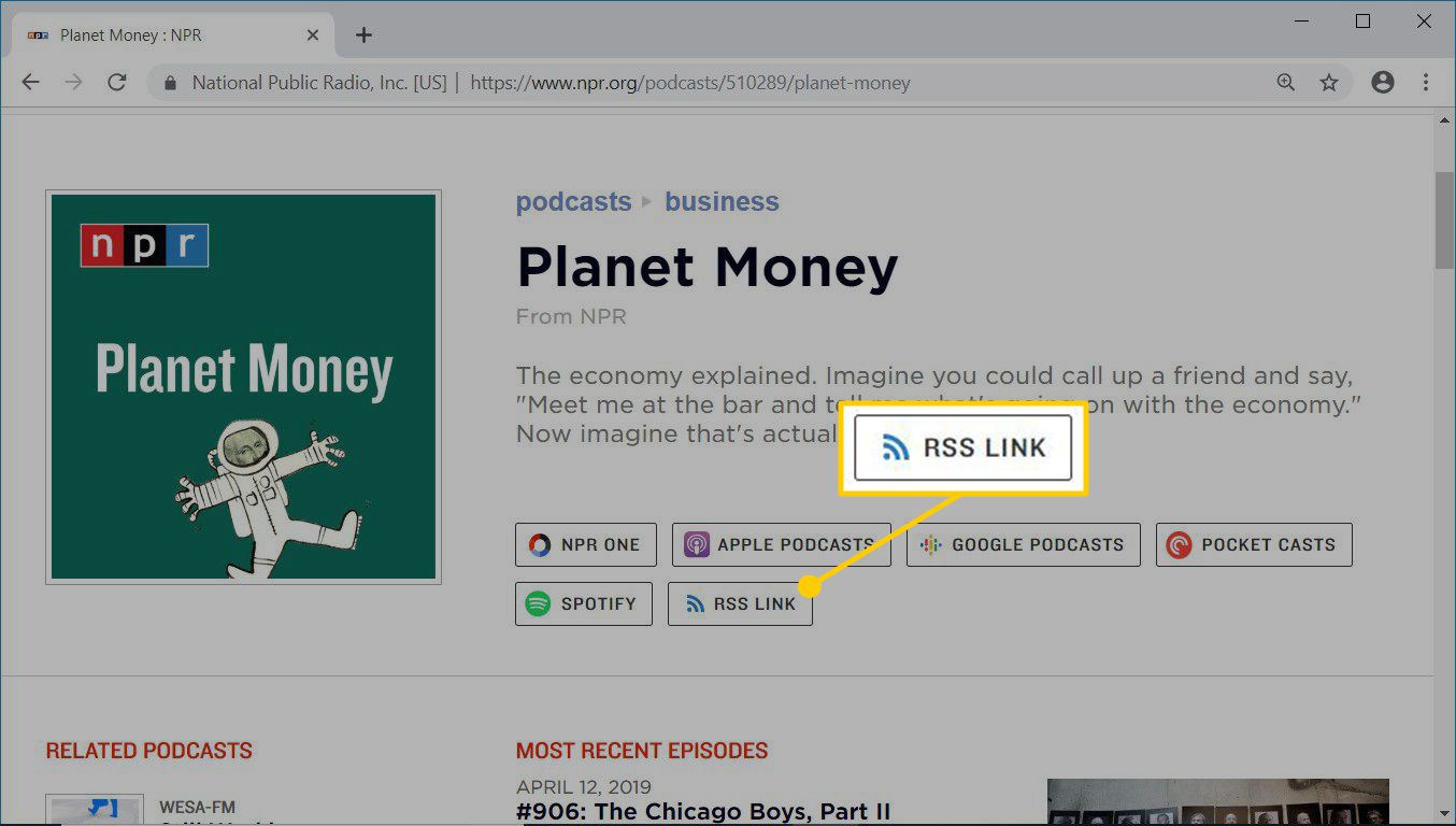 Webová stránka Planet Money na podcastech NPR.org zobrazující odkaz RSS na kanál RSS