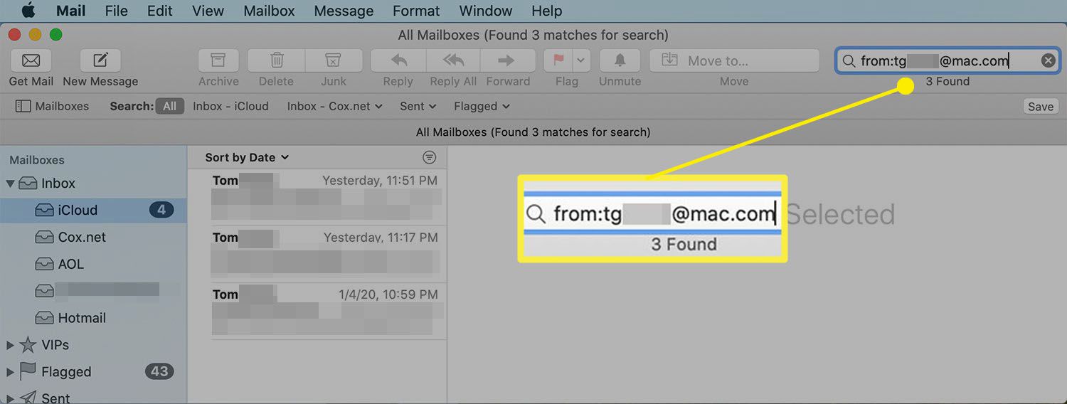výsledky hledání pro e -mailovou adresu v Mailu na Macu