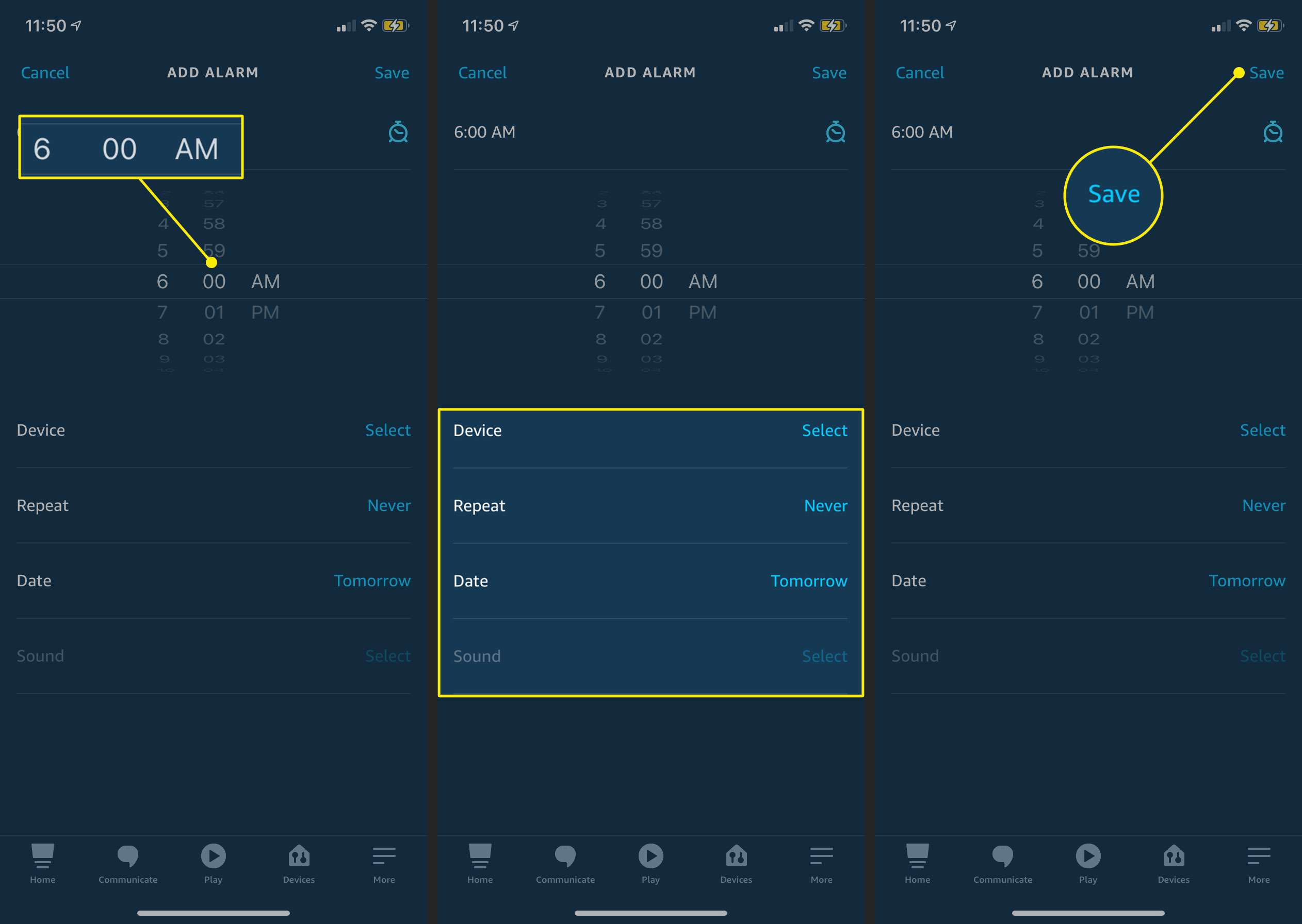 Vytvoření alarmu v aplikaci Alexa pro iOS