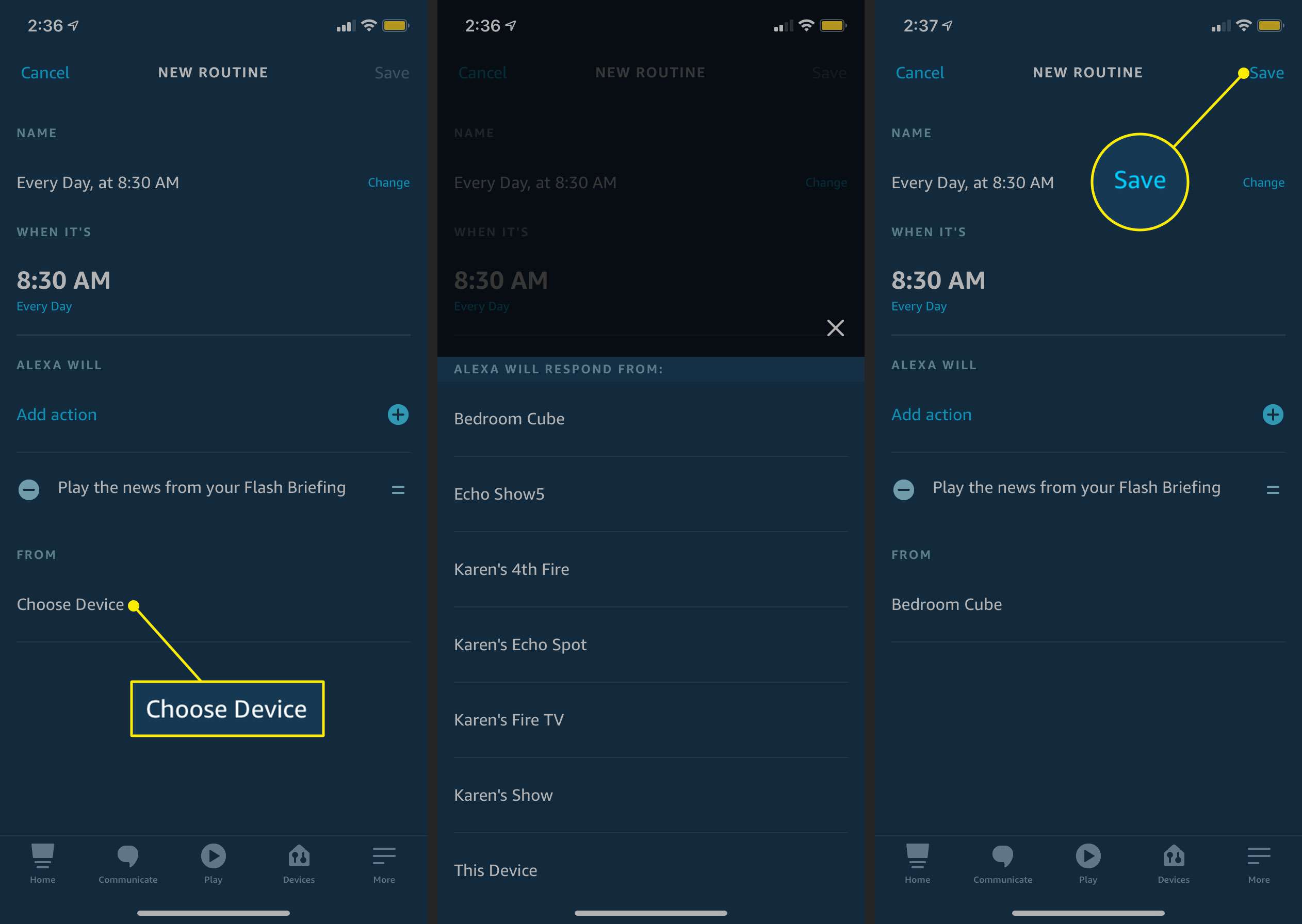Tlačítka „Vybrat zařízení“ a „Uložit“ pro rutinu v aplikaci Alexa