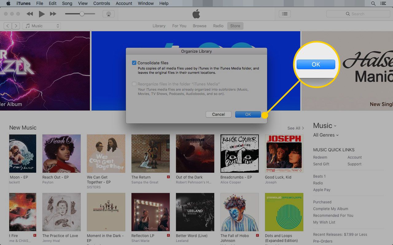 Uspořádejte okno knihovny v iTunes se zvýrazněným tlačítkem OK