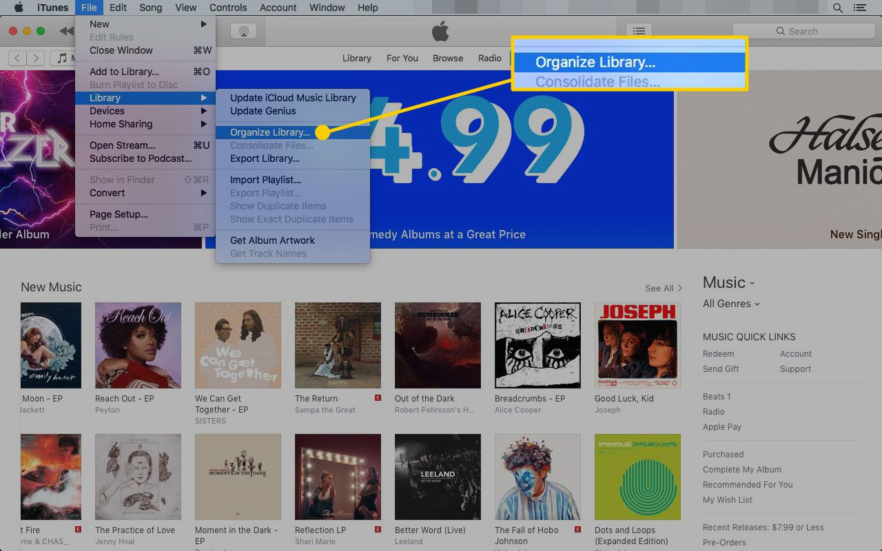 iTunes na Macu se zvýrazněnou možností Uspořádat knihovnu