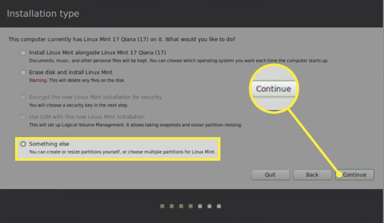 Vyberte něco jiného a na obrazovce Typ instalace Linux Mint vyberte Nainstalovat nyní.