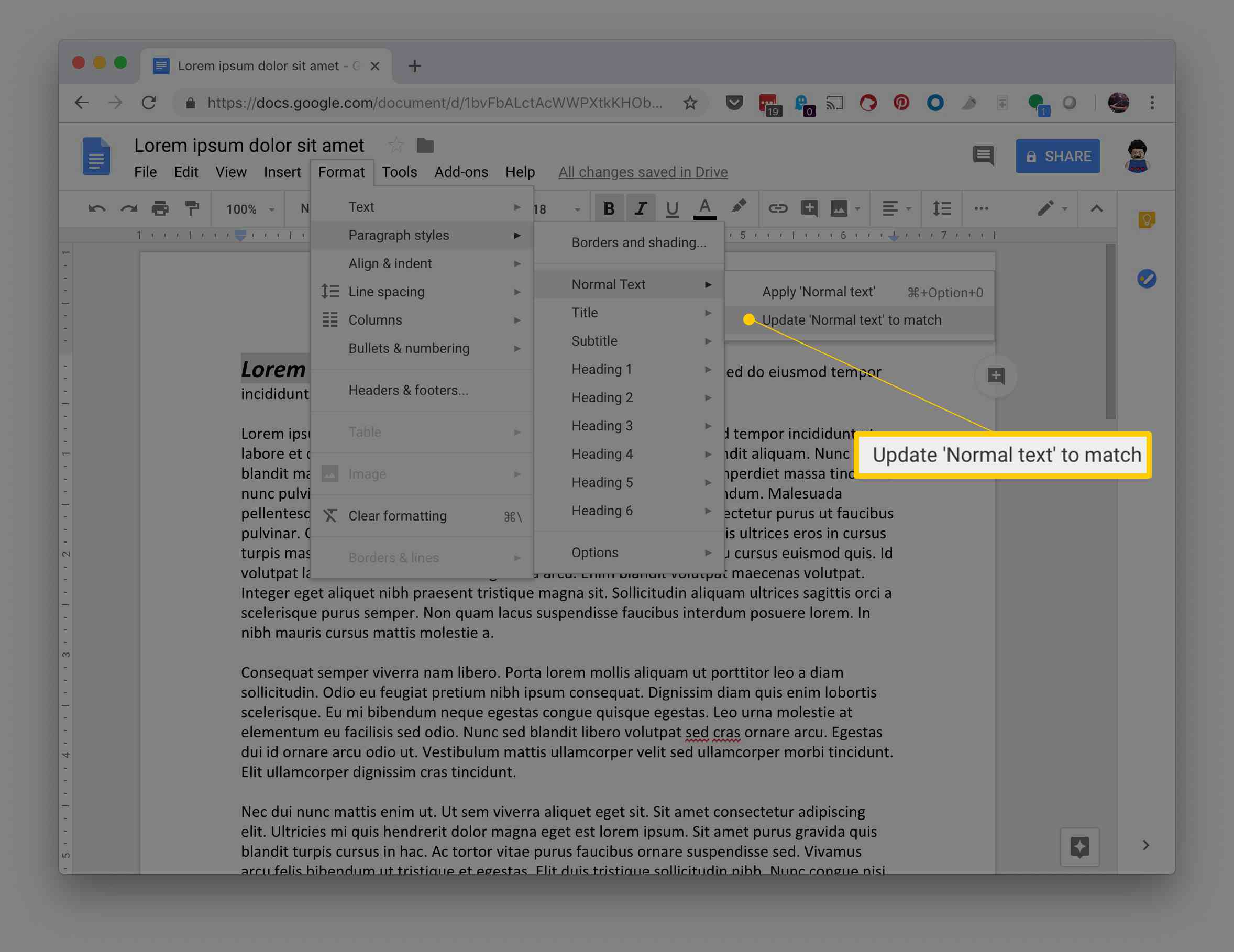 Aktualizujte možnost Normální text tak, aby odpovídala v nabídce Formát v Dokumentech Google