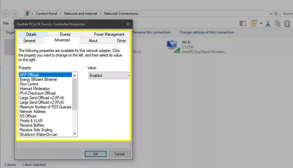 Vlastnosti síťového adaptéru v systému Windows 10