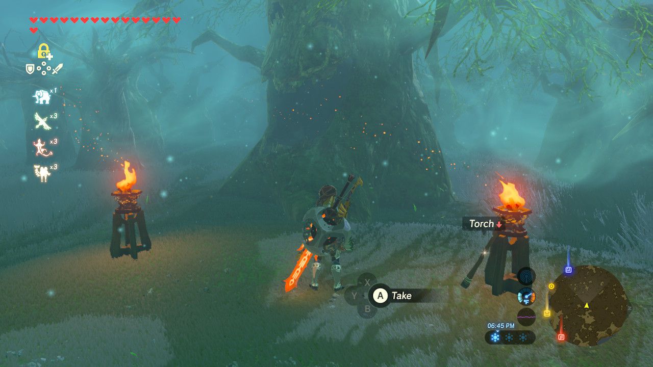 Stojící mezi dvěma lampami v Lost Woods v The Legend of Zelda: Breath of the Wild.