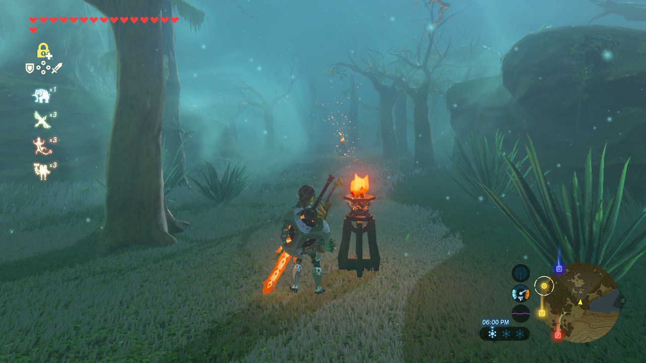 Sledování řady rozsvícených lamp v Lost Woods v The Legend of Zelda: Breath of the Wild