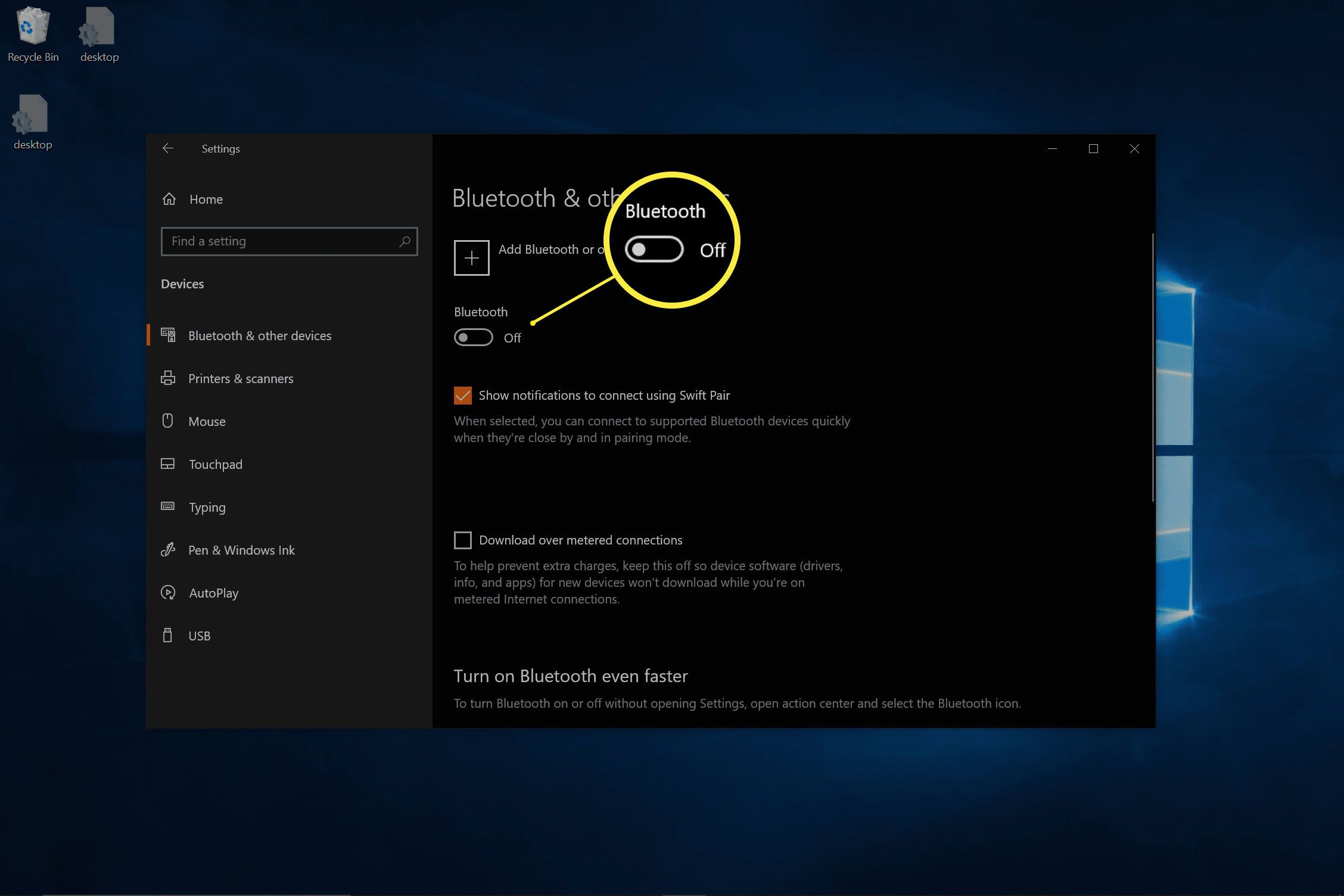 Snímek obrazovky nastavení Bluetooth systému Windows s vypnutým Bluetooth.