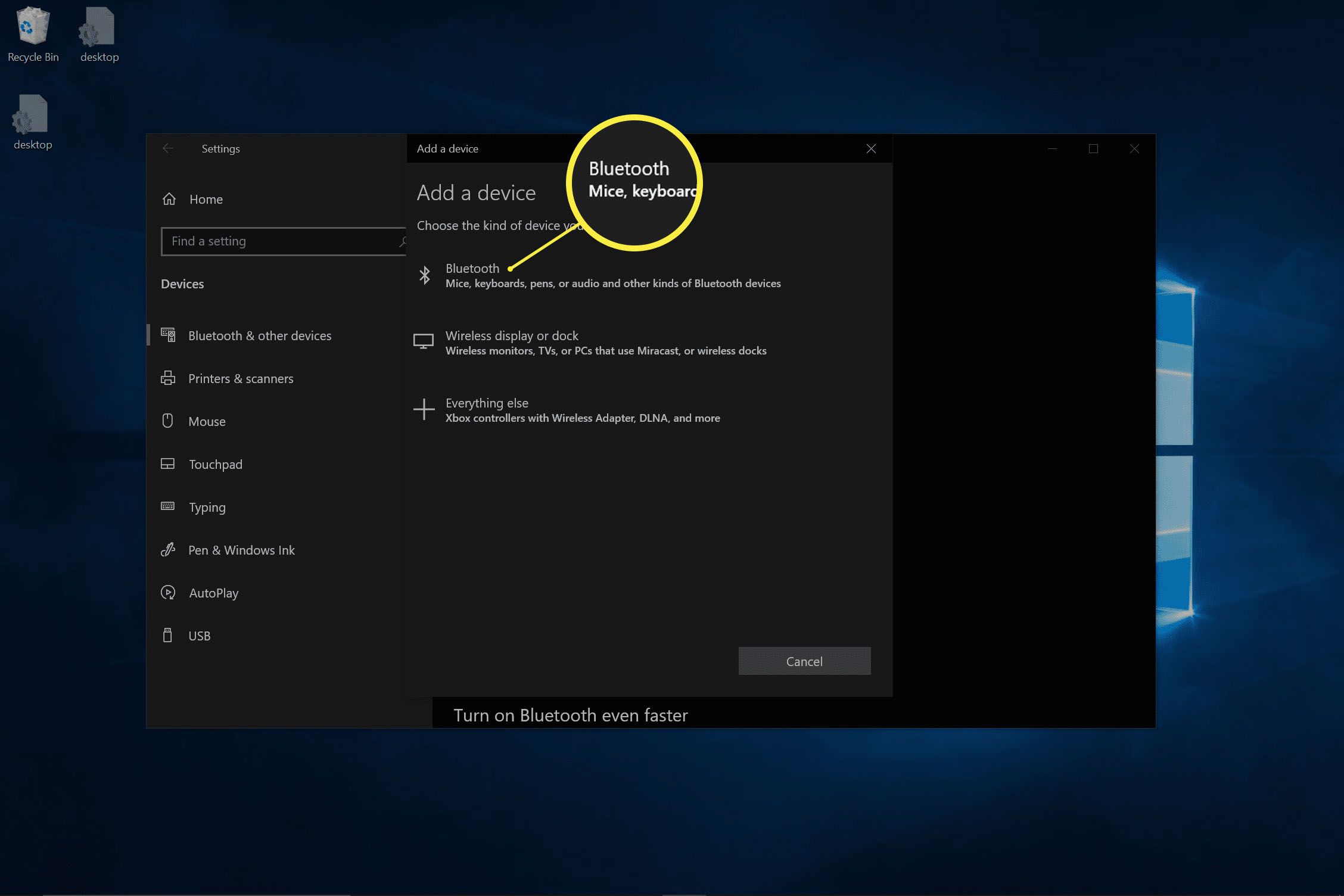 Snímek obrazovky s přidáním zařízení Bluetooth v systému Windows.