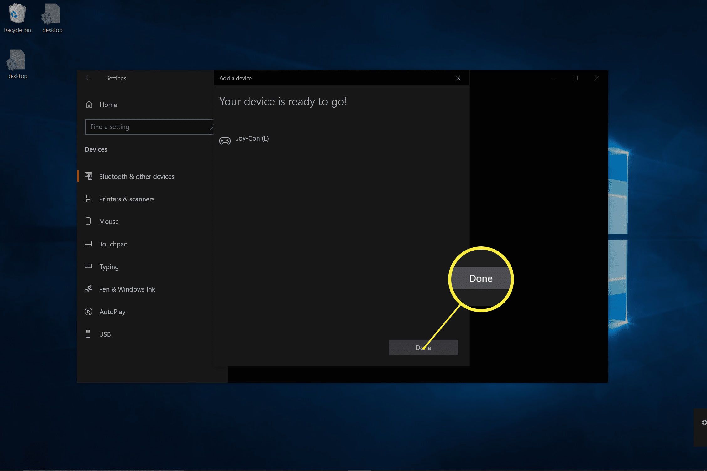 Snímek obrazovky úspěšně spárovaného Joy-Conu ve Windows.