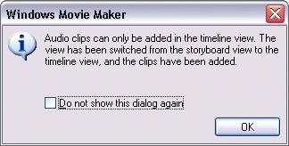Windows Movie Maker upozorňuje, že zvuk lze přidat pouze v zobrazení časové osy