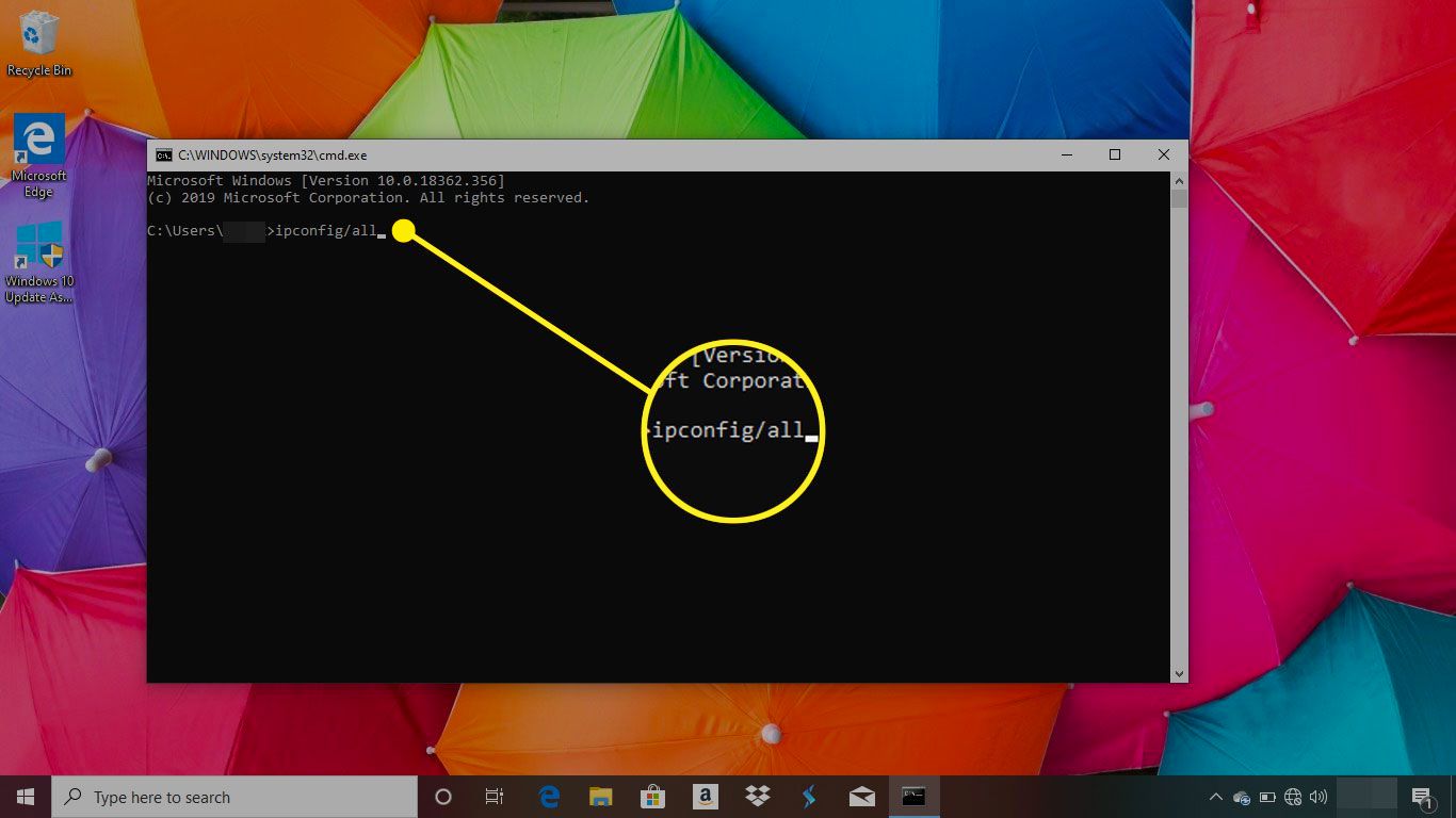 Příkazový řádek ve Windows 10 se zvýrazněným příkazem ipconfig/all