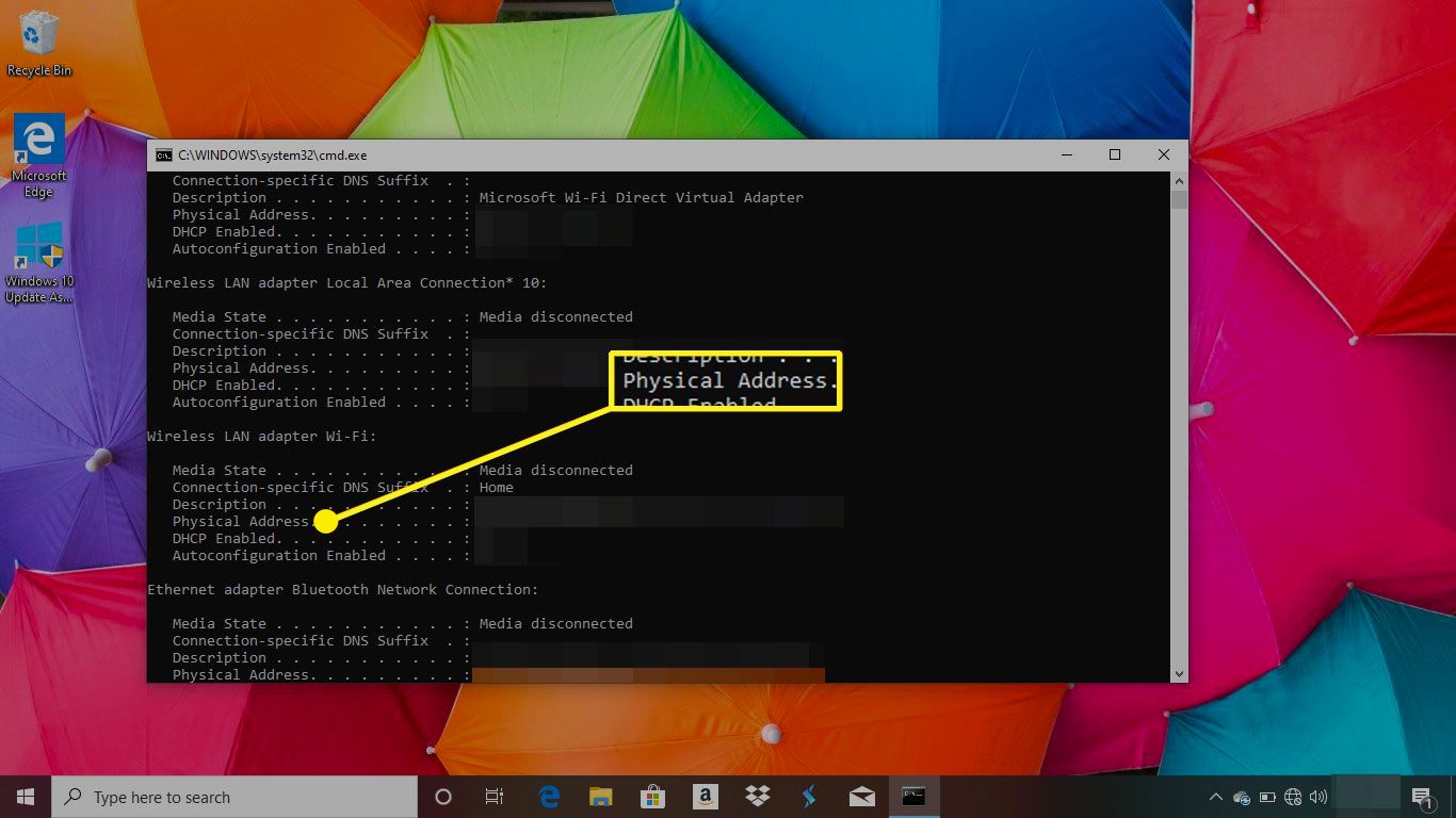 Konfigurujte veškerý text ve Windows 10 se zvýrazněným záhlavím Fyzická adresa