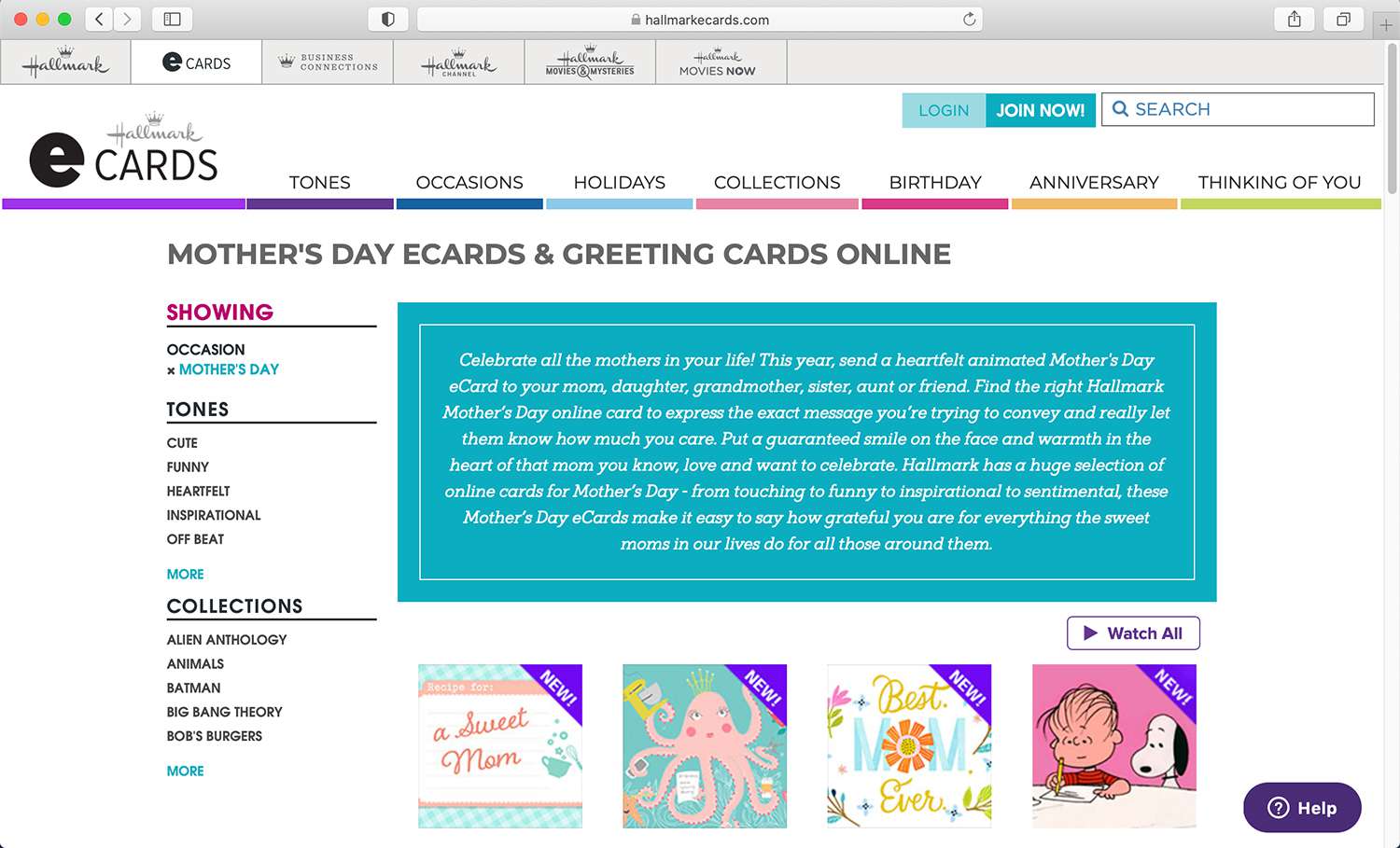 Stránka s charakteristickými e-kartami pro různé svátky a příležitosti