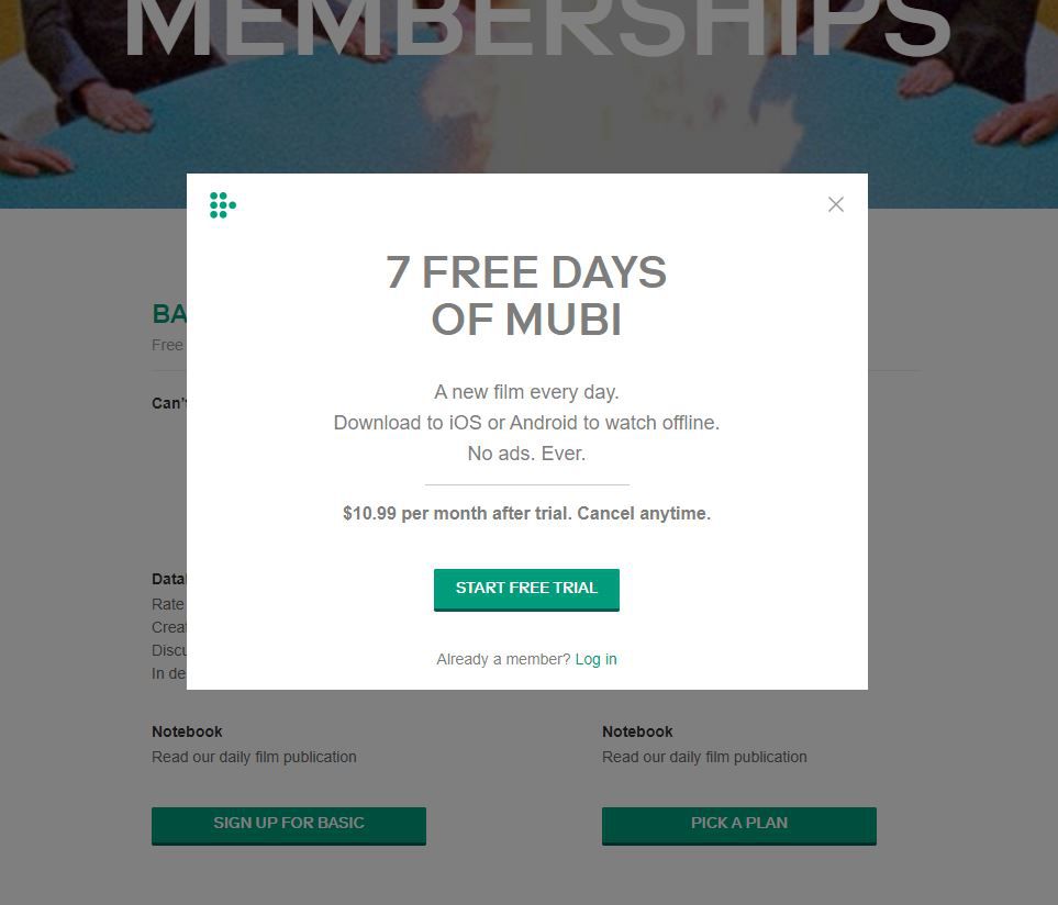 Snímek obrazovky Zahájit bezplatnou zkušební verzi v Mubi