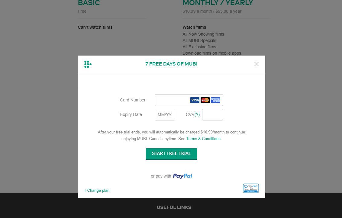 Snímek obrazovky s informacemi o platbě v procesu registrace do Mubi