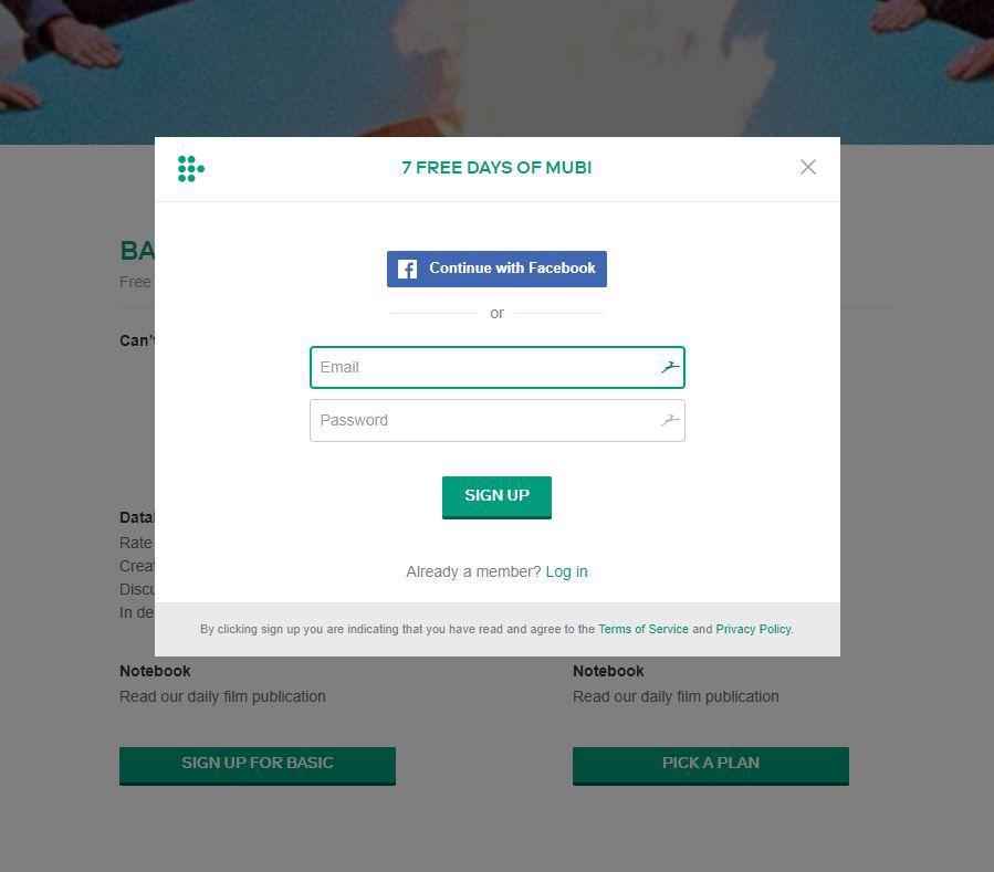 Snímek obrazovky e -mailu a hesla při registraci do Mubi