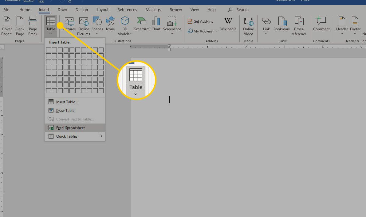 Dokument aplikace Word se zvýrazněným tlačítkem Vložit tabulku