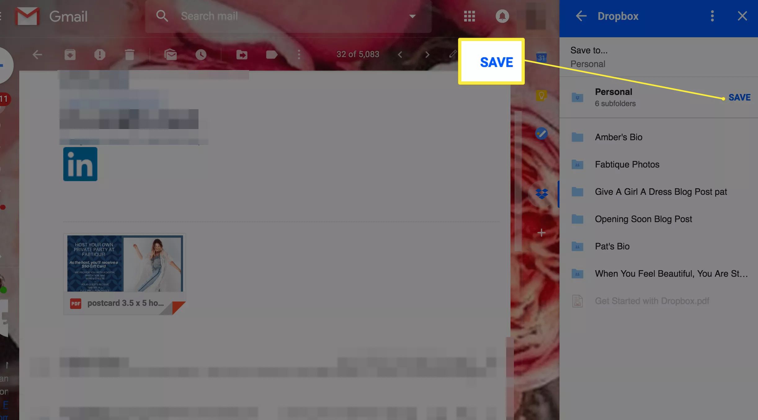 Doplněk Dropbox pro Gmail se zvýrazněnou možností Uložit