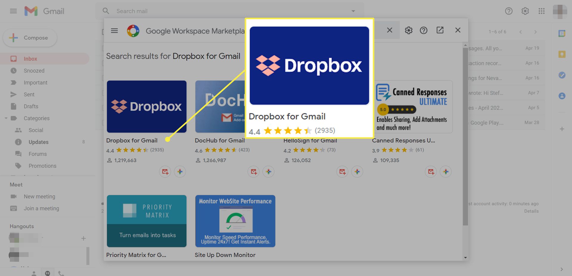 Uživatel Gmailu hledá doplněk Dropbox