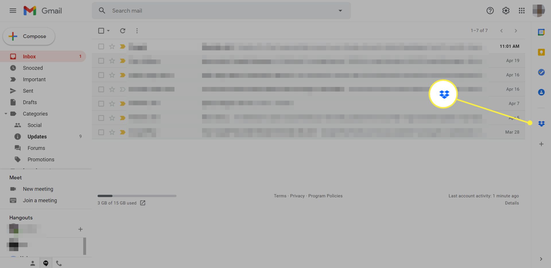 Ikona doplňku Dropbox pro Gmail v doručené poště Gmailu