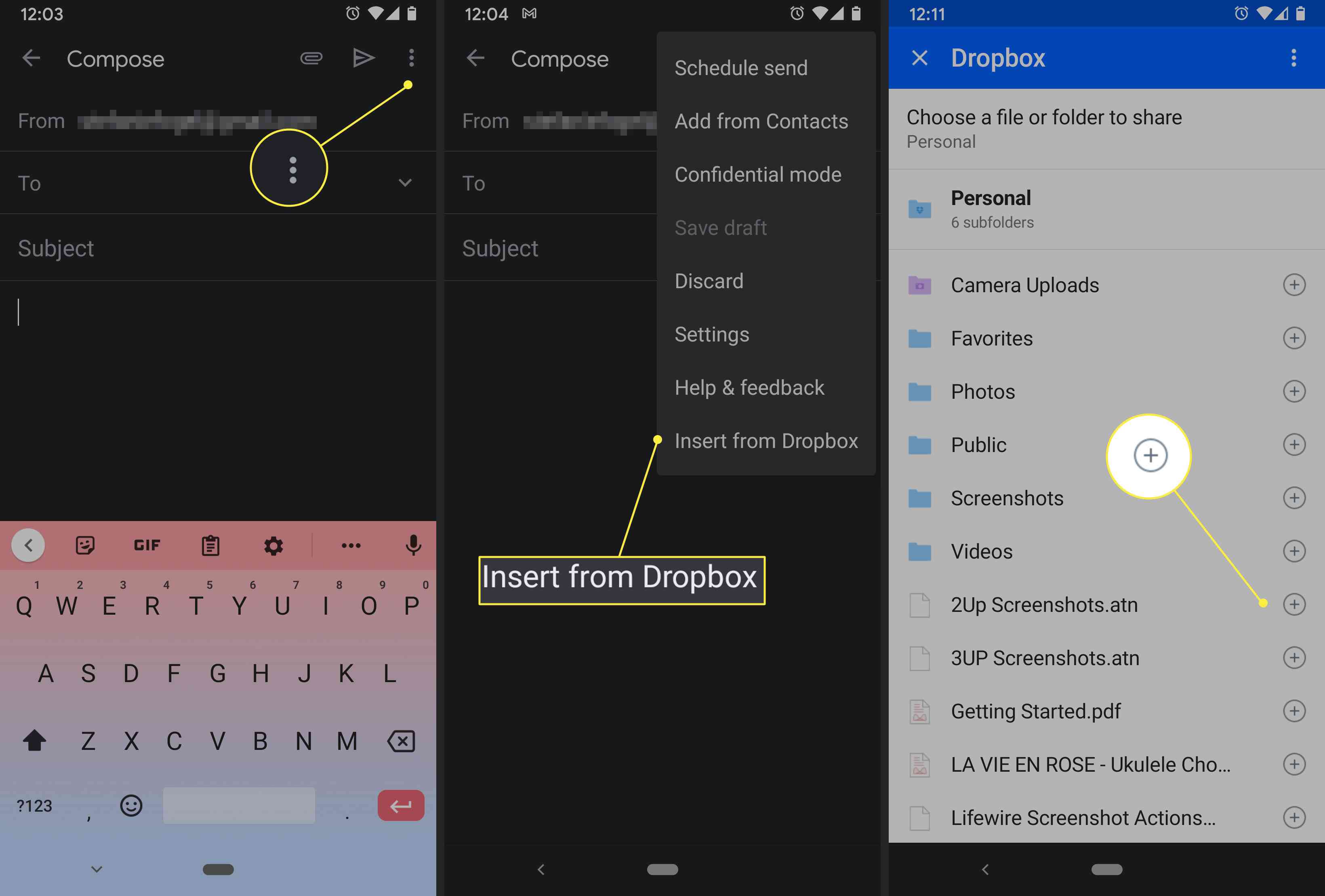 Uživatel Androidu připojí soubor Dropbox k nové zprávě Gmailu