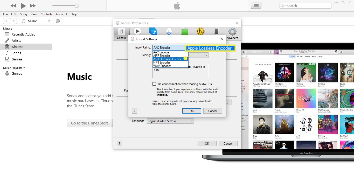 Vyberte rozevírací nabídku Importovat pomocí a zvolte Apple Lossless Encoder.