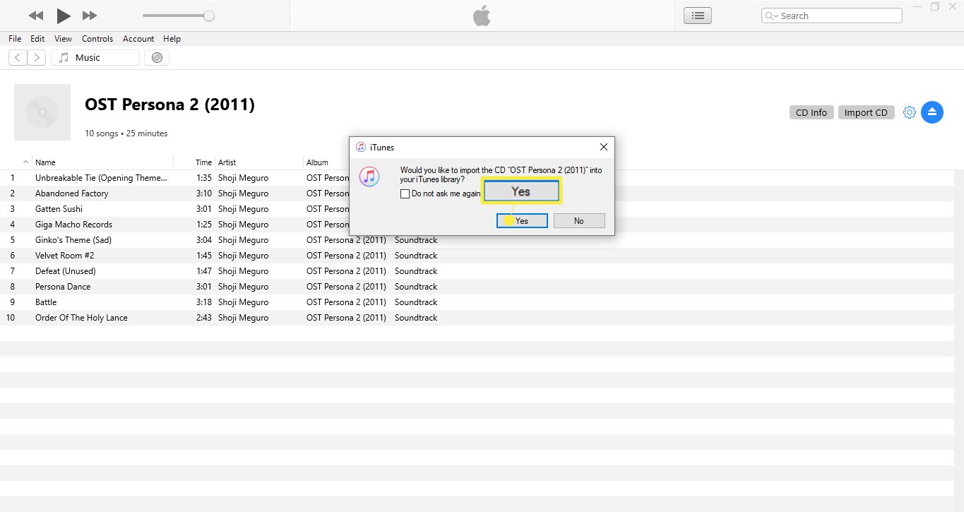 Pokud se iTunes zeptá, zda chcete disk importovat do knihovny iTunes, spusťte proces kopírování výběrem možnosti Ano.